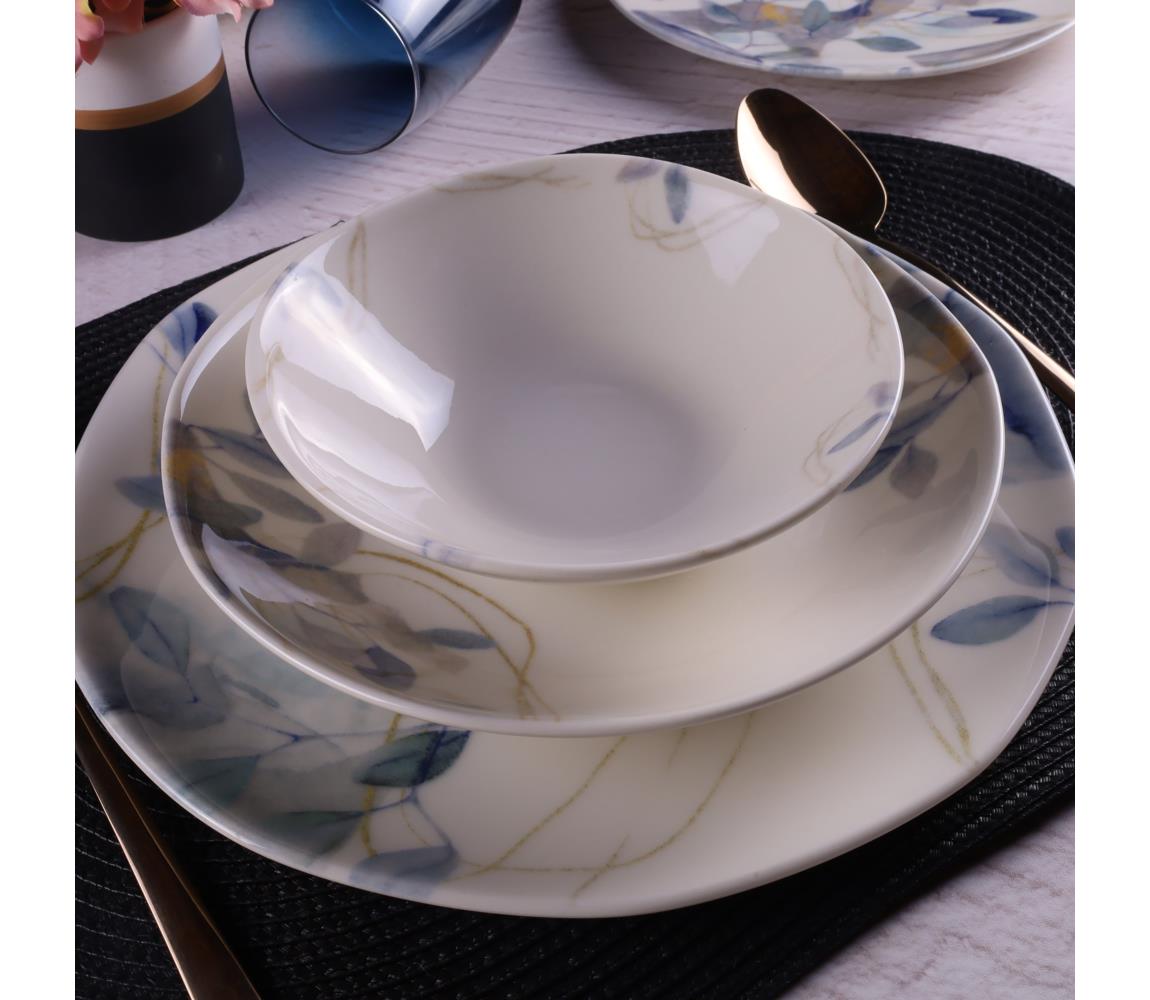 Jedálenská súprava 24 ks, biela/modrá, porcelán 490TLU1101