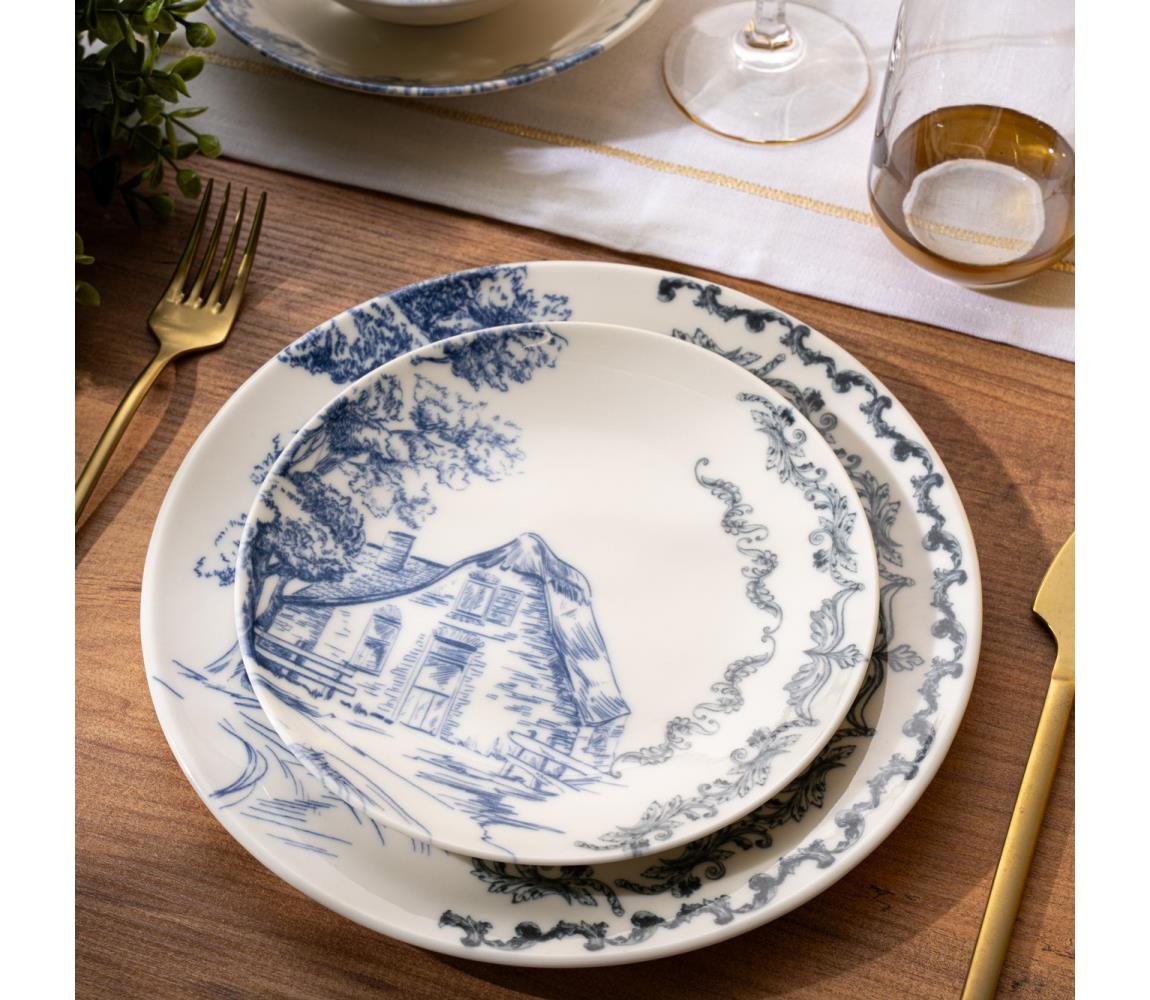 Jedálenská súprava 24 ks, biela/modrá, porcelán 490TLU1127