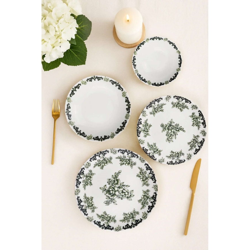 Jedálna súprava 24 ks biela/zelená/porcelán