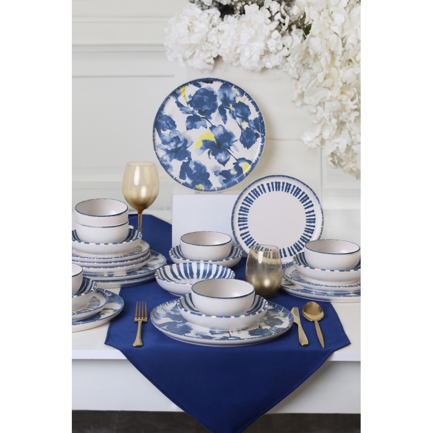 Jedálna súprava 24 ks, bielo-modrá, z kameniny