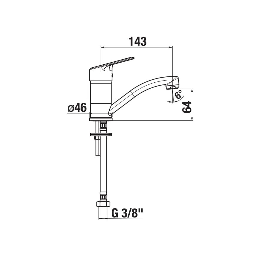 Kuchynská batéria s pákovou rukoväťou a výtokom o dĺžke 64 mm a priemere 46 mm. Celková výška je 143 mm. Pripojenie G 3/8.