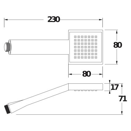 Sprchová hlavica s ramenom, je znázornená v technickej schéme s rozmermi: 230 x 80 x 80 mm (štvorcová hlavica), rameno 71 x 17 mm. Celková dĺžka 230 mm.