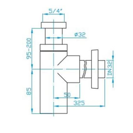 Technický výkres znázorňuje sifón v tvare písmena „T“. Sifón je zobrazený s rozmermi: 5/4, Ø32, DN32, 95-200, 85, 50 a 325.