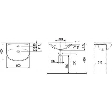 Návrh umývadla s rozmermi: 600x460x135/75x210 mm, pohľad zhora a zboku, s detailom montáže a rozmermi 280x65x40x195x530x580x100x850x315 mm.
