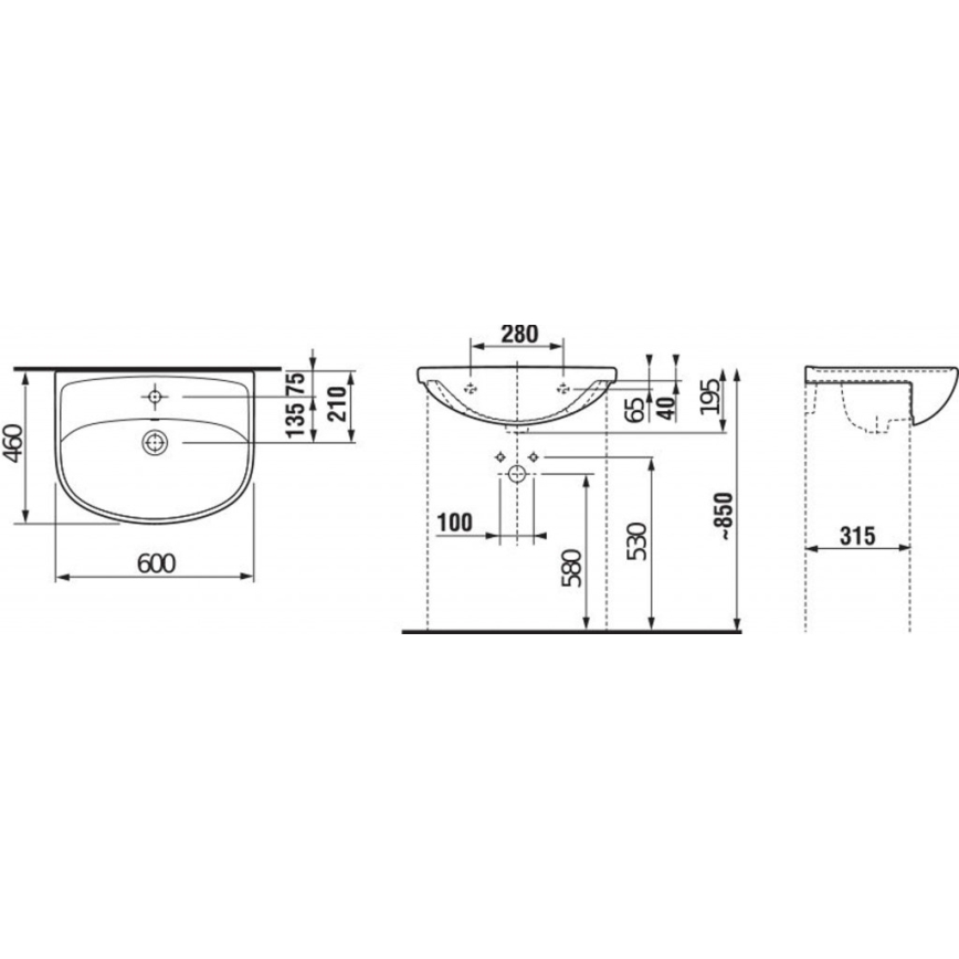 Návrh umývadla s rozmermi: 600x460x135/75x210 mm, pohľad zhora a zboku, s detailom montáže a rozmermi 280x65x40x195x530x580x100x850x315 mm.