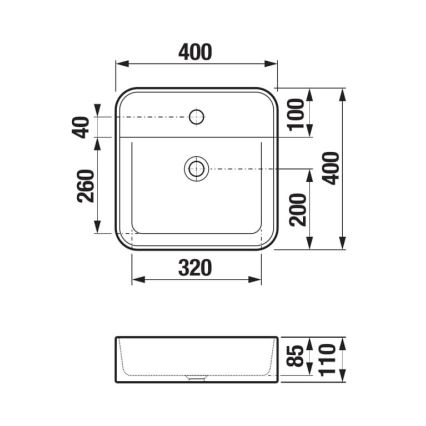 Návrh umývadla je znázornený technickým výkresom s rozmermi: 400x400x200 mm (výška x šírka x hĺbka). Je štvorcového tvaru s dvoma otvormi. Dolný výkres zobrazuje rozmery 320x110x85 mm pre jeho umiestnenie.