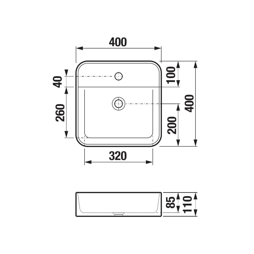 Návrh umývadla je znázornený technickým výkresom s rozmermi: 400x400x200 mm (výška x šírka x hĺbka). Je štvorcového tvaru s dvoma otvormi. Dolný výkres zobrazuje rozmery 320x110x85 mm pre jeho umiestnenie.