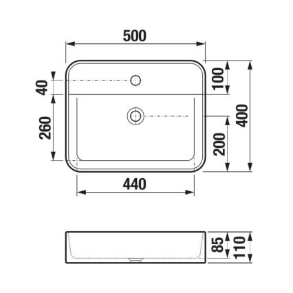 Technický výkres umývadla s rozmermi: 440 x 500 x 260 mm (šírka x dĺžka x výška). Prepážka pod umývadlom má rozmery 440 x 110 x 85 mm. Sú zobrazené otvory pre batériu a pre odpad.
