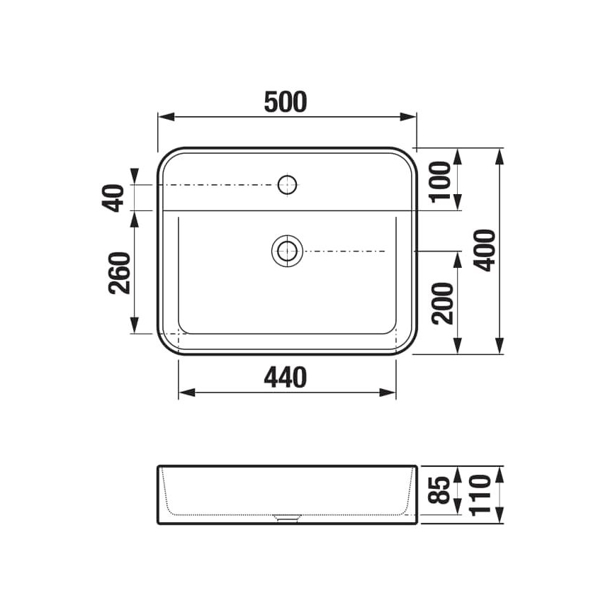 Technický výkres umývadla s rozmermi: 440 x 500 x 260 mm (šírka x dĺžka x výška). Prepážka pod umývadlom má rozmery 440 x 110 x 85 mm. Sú zobrazené otvory pre batériu a pre odpad.