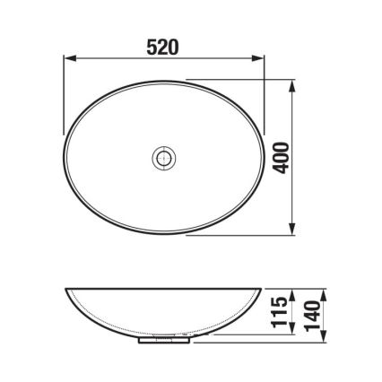Oválny umývadlo s rozmermi 520 x 400 mm je zobrazené zhora a zboku. Zobrazený je aj jeho profil s rozmermi 115 x 140 mm.