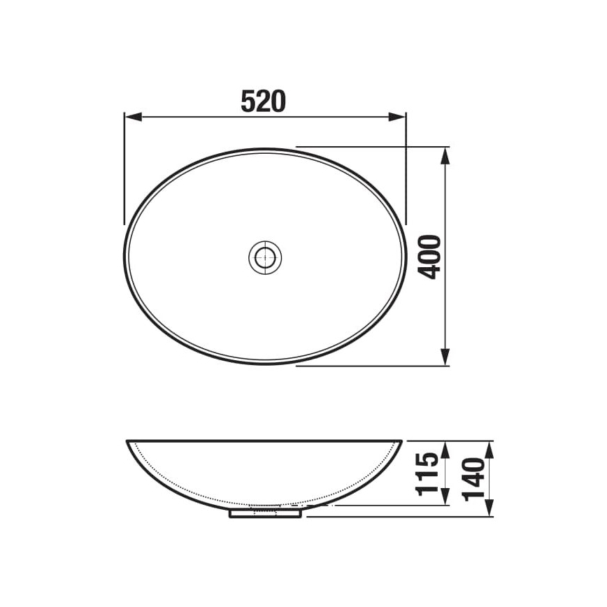 Oválny umývadlo s rozmermi 520 x 400 mm je zobrazené zhora a zboku. Zobrazený je aj jeho profil s rozmermi 115 x 140 mm.