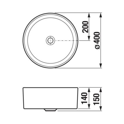Drez, s priemerom 400 mm a hĺbkou 200 mm, je zobrazený zhora a zboku s rozmermi 140x150 mm pre spodný diel.
