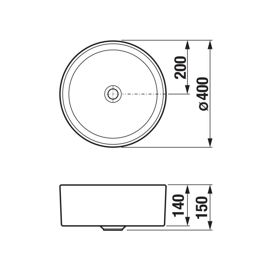 Drez, s priemerom 400 mm a hĺbkou 200 mm, je zobrazený zhora a zboku s rozmermi 140x150 mm pre spodný diel.