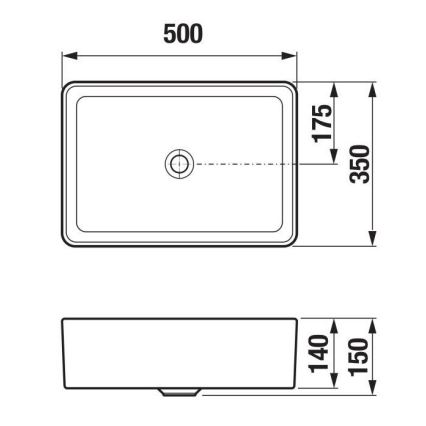 Drez s rozmermi 500x350x175 mm je zobrazený zhora a zboku. Spodný pohľad zobrazuje jeho výšku 140 mm a šírku 150 mm.