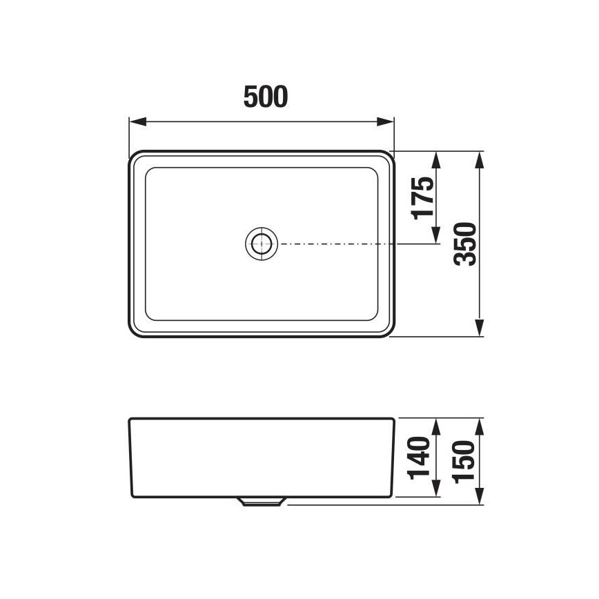 Drez s rozmermi 500x350x175 mm je zobrazený zhora a zboku. Spodný pohľad zobrazuje jeho výšku 140 mm a šírku 150 mm.