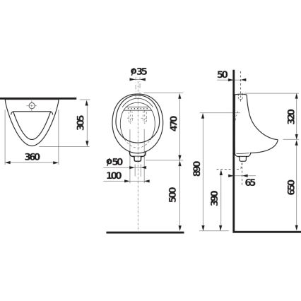 Technický výkres zobrazuje nástenný pisoár s rozmermi: šírka 360 mm, výška 305 mm (pohľad spredu), celková výška 890 mm (pohľad zboku), hĺbka 500 mm a šírka 320 mm (pohľad zboku). Sú uvedené aj ďalšie rozmery pre montáž.