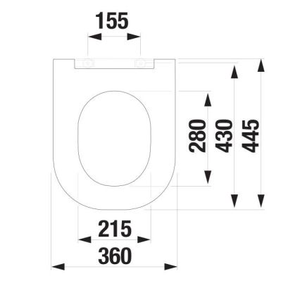 Toaletná doska je znázornená s rozmermi: šírka 360 mm, dĺžka 215 mm, výška 280 mm, 430 mm a 445 mm. Horná časť dosky má šírku 155 mm.