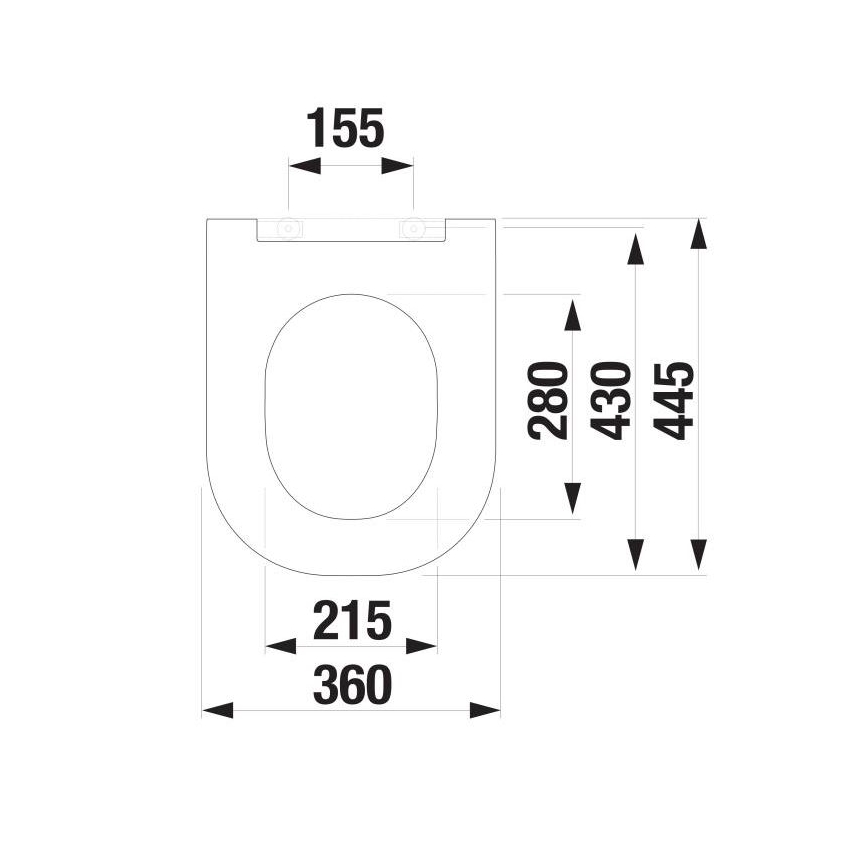 Toaletná doska je znázornená s rozmermi: šírka 360 mm, dĺžka 215 mm, výška 280 mm, 430 mm a 445 mm. Horná časť dosky má šírku 155 mm.