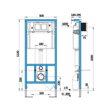 Technický výkres zobrazuje závesný systém pre toaletu. Systém obsahuje rám, nádržku a rozmery 500 x 1120 x 320 mm. Výška je nastaviteľná v rozsahu 0-200 mm.
