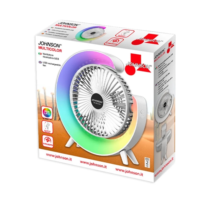 JOHNSON - LED RGB Nabíjací stolný ventilátor MULTICOLOR LED/5W/3,7V 1200 mAh priemer 14 cm biela