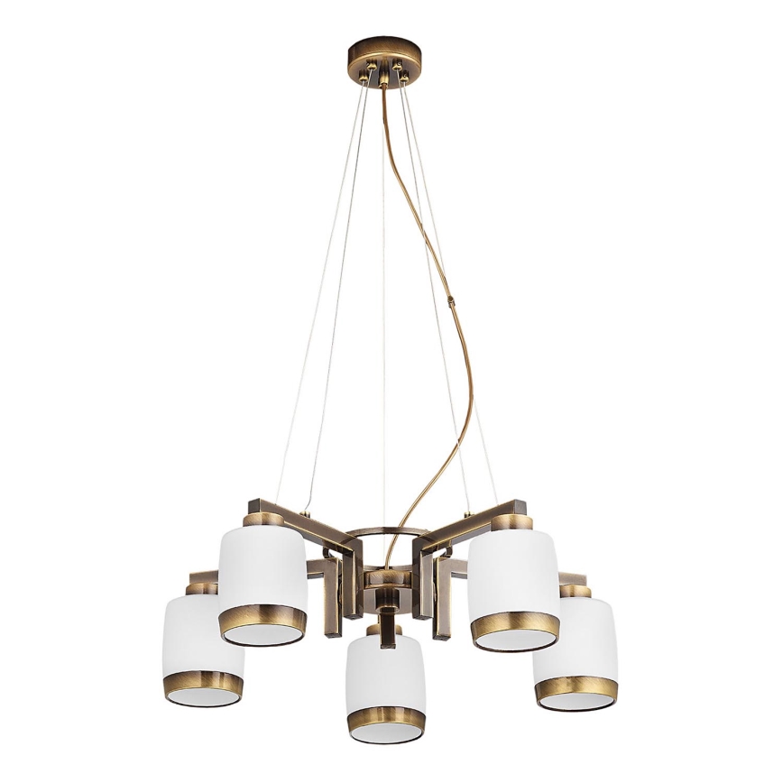 Lustre s bielymi tienidlami visí zo stropu, ku ktorému je pripojený cez tenké kovové lanká. Má moderný dizajn v zlatom a bielom odtieni.