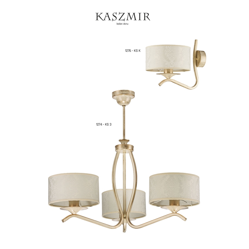 Trojramenný zlatý luster s textilnými tienidlami visí. Vedľa je zobrazená nástenná lampa rovnakého štýlu. Kódy produktov: 1274 - KS 3 a 1276 - KS K.