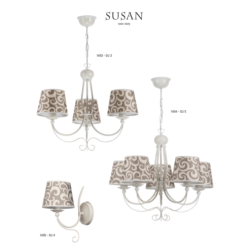 Tri lustrové svietidlá a jedna nástenná lampa, všetky biele s hnedo-bielymi tienidlami s ornamentálnym vzorom. Kódy produktov: 1493-SU 3, 1494-SU 5, 1495-SU K.