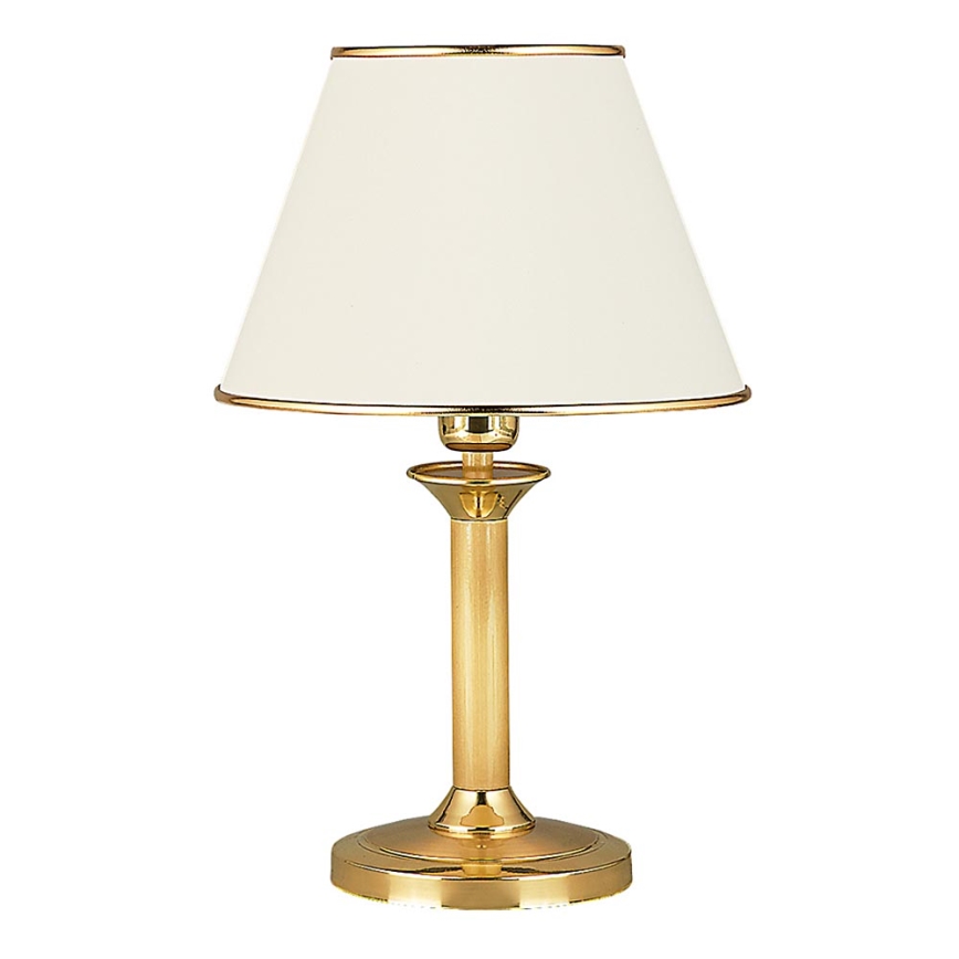 Lampa stojí na zlatej základni, má biely kužeľovitý tienidlo. Umiestnená je na bielom pozadí, bez okolia alebo pridružených prvkov.