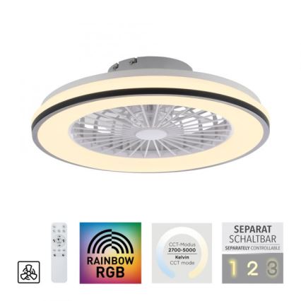 Stropný ventilátor s integrovaným LED osvetlením sa otáča. Ventilátor má biely kryt a kruhový tvar s dvojitým svetelným krúžkom. Ovládanie je diaľkovým ovládačom. Text uvádza: „SEPARAT SCHALTBAR SEPARATELY CONTROLLABLE 1 2 3“, „RAINBOW RGB“, „CCT-Modus 2700-5000 Kelvin CCT mode“.
