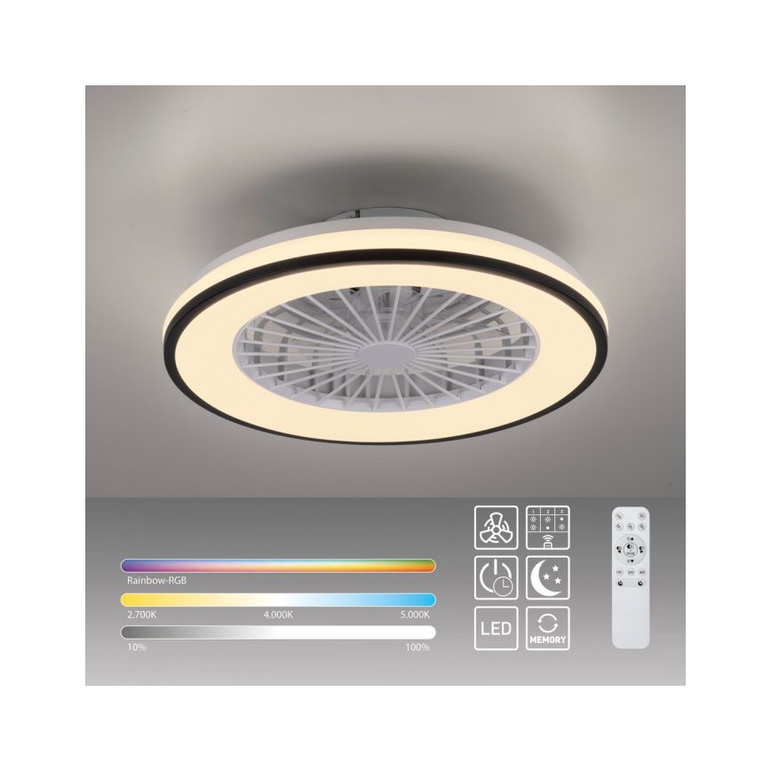 Stropný ventilátor s LED osvetlením je pripevnený k stropu. Ventilátor má bielu farbu a je ovládaný diaľkovým ovládačom. Osvetlenie ponúka nastavenie farieb Rainbow-RGB, 2700K, 4000K a 5000K, s reguláciou jasu od 10% do 100%.