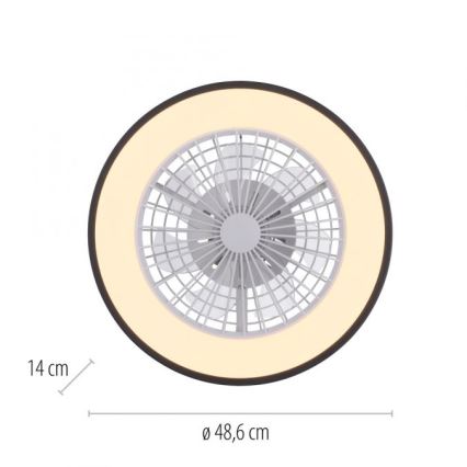 Stropný ventilátor s integrovaným svetlom sa nachádza v bielom a tmavosivom prevedení. Ventilátor má priemer 48,6 cm a výšku 14 cm.