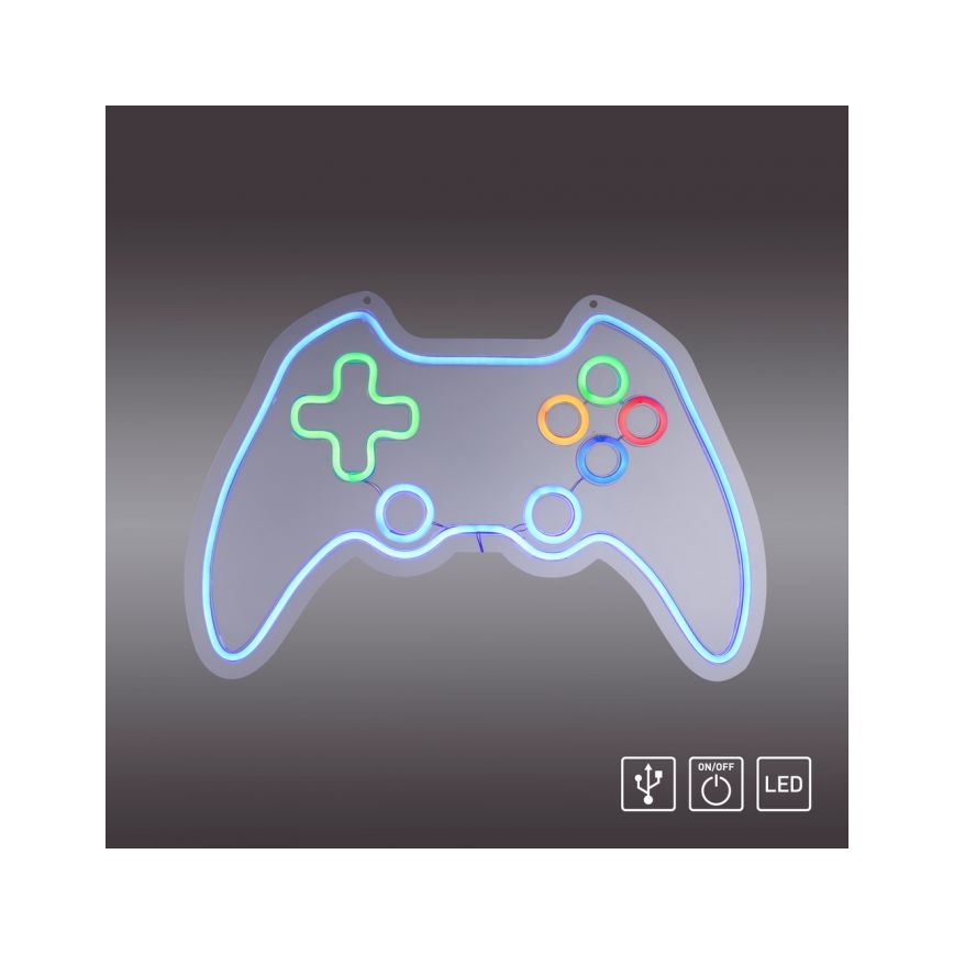 Neonové svetlo tvaru herného ovládača svieti. Svetlo je pripevnené na sivom pozadí. Symboly USB, vypínač a LED označujú zdroj energie a typ osvetlenia.