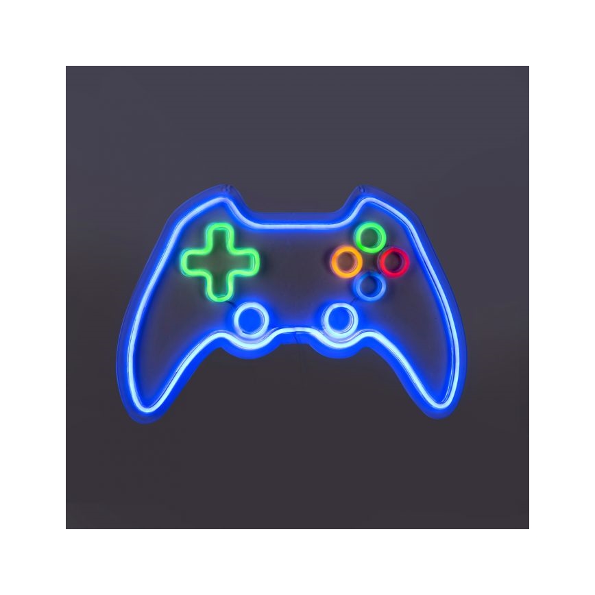 Neónový ovládač hier svieti na tmavom pozadí. Modré neónové svetlo zvýrazňuje tvar ovládača, tlačidlá sú farebne odlíšené.