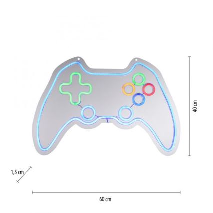 Neonové podsvietenie tvaru herného ovládača svieti. Rozmery sú 60 cm x 40 cm x 1,5 cm.