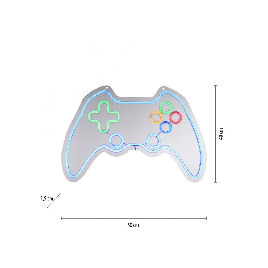 Neonové podsvietenie tvaru herného ovládača svieti. Rozmery sú 60 cm x 40 cm x 1,5 cm.