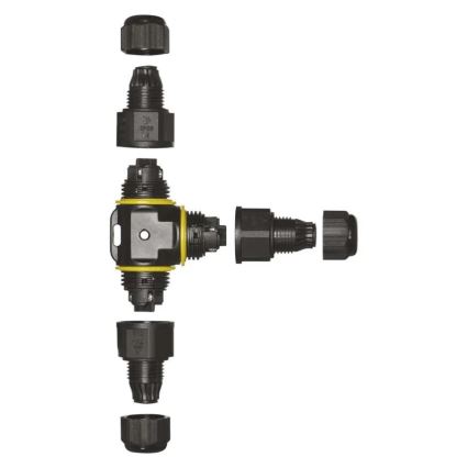 Rozbočovač káblov sa skladá z centrálneho prvku s tromi výstupmi a štyroch samostatných dielov. Centrálny čierny diel s žltým tesnením sa spája s ďalšími konektormi. Káble sa pripájajú prostredníctvom závitových spojov. Na jednom z komponentov je viditeľná značka IP68 a CE.