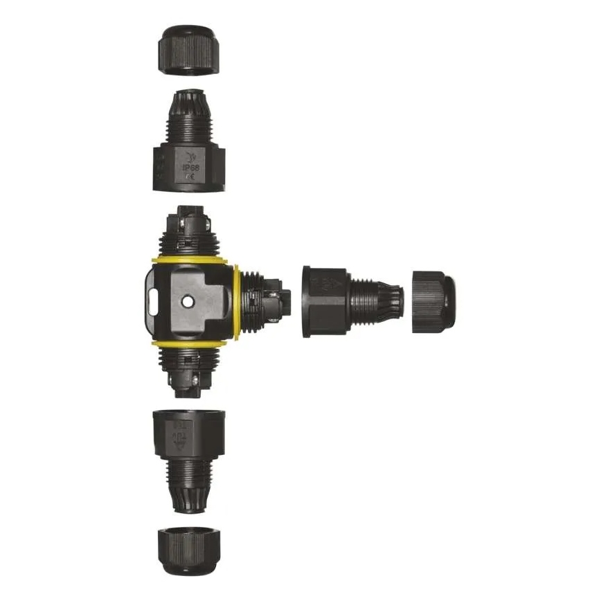 Rozbočovač káblov sa skladá z centrálneho prvku s tromi výstupmi a štyroch samostatných dielov. Centrálny čierny diel s žltým tesnením sa spája s ďalšími konektormi. Káble sa pripájajú prostredníctvom závitových spojov. Na jednom z komponentov je viditeľná značka IP68 a CE.