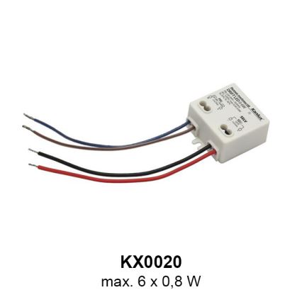 Malý biely LED ovládač pripojený k drôtom. KX0020, max. 6 x 0,8 W.