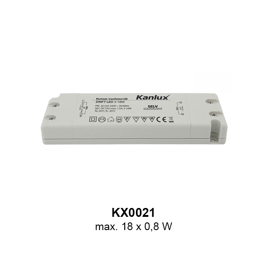 Elektronický transformátor LED Kanlux KX0021, typ DRIFT LED 3-18W, menovitý výkon 18 x 0,8 W, pre AC 220-240V, 50/60Hz, výstup DC 12V max 1,5A. Je označený certifikátmi CE a SELV.