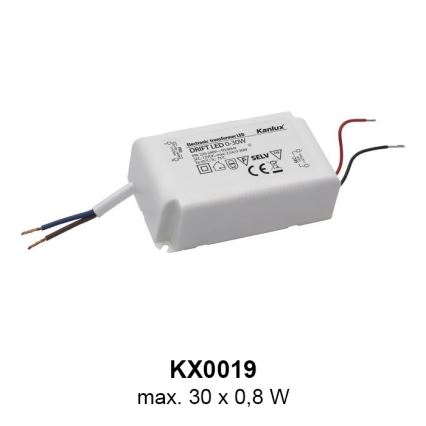 Elektronický transformátor LED Kanlux DRIFT LED 0-30W, na obrázku je zobrazený s pripojenými vodičmi. Je označený kódom KX0019 a maximálnym výkonom 30 x 0,8 W.