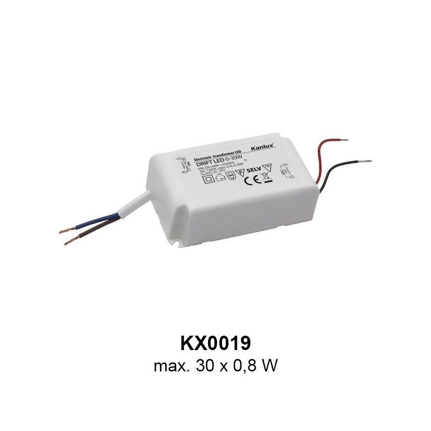 Elektronický transformátor LED Kanlux DRIFT LED 0-30W, na obrázku je zobrazený s pripojenými vodičmi. Je označený kódom KX0019 a maximálnym výkonom 30 x 0,8 W.