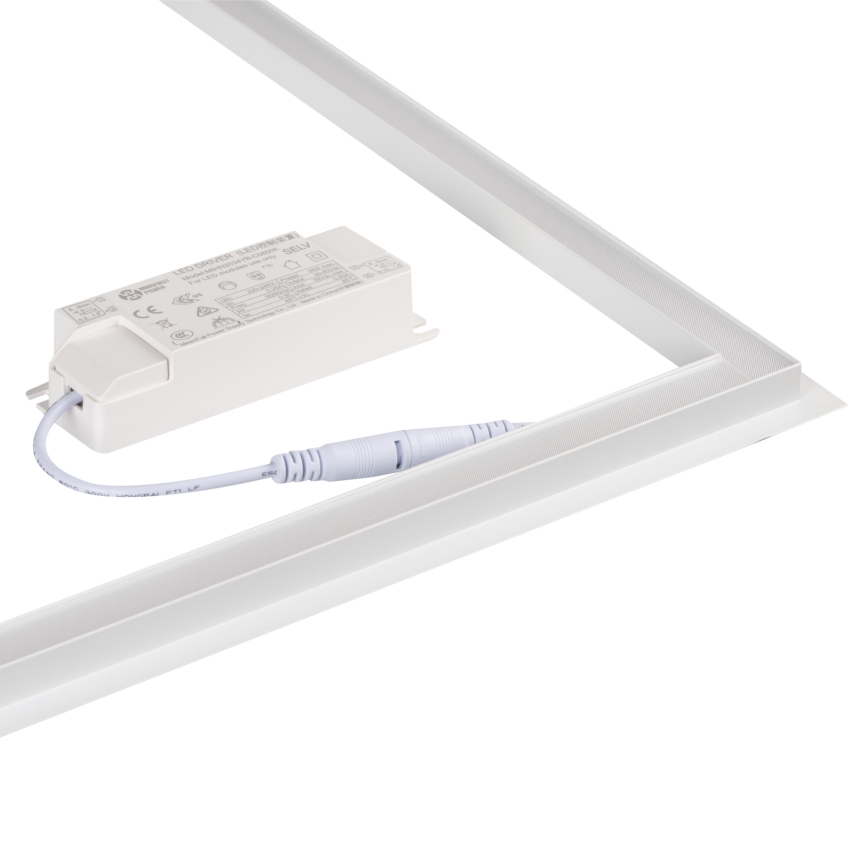 LED ovládač pripojený k štvorecnému LED rámu. Ovládač je biely, s textom LED DRIVER LED20299-12 24V a ďalšími technickými údajmi. Rám je tiež biely, určený pre zapustené osvetlenie.