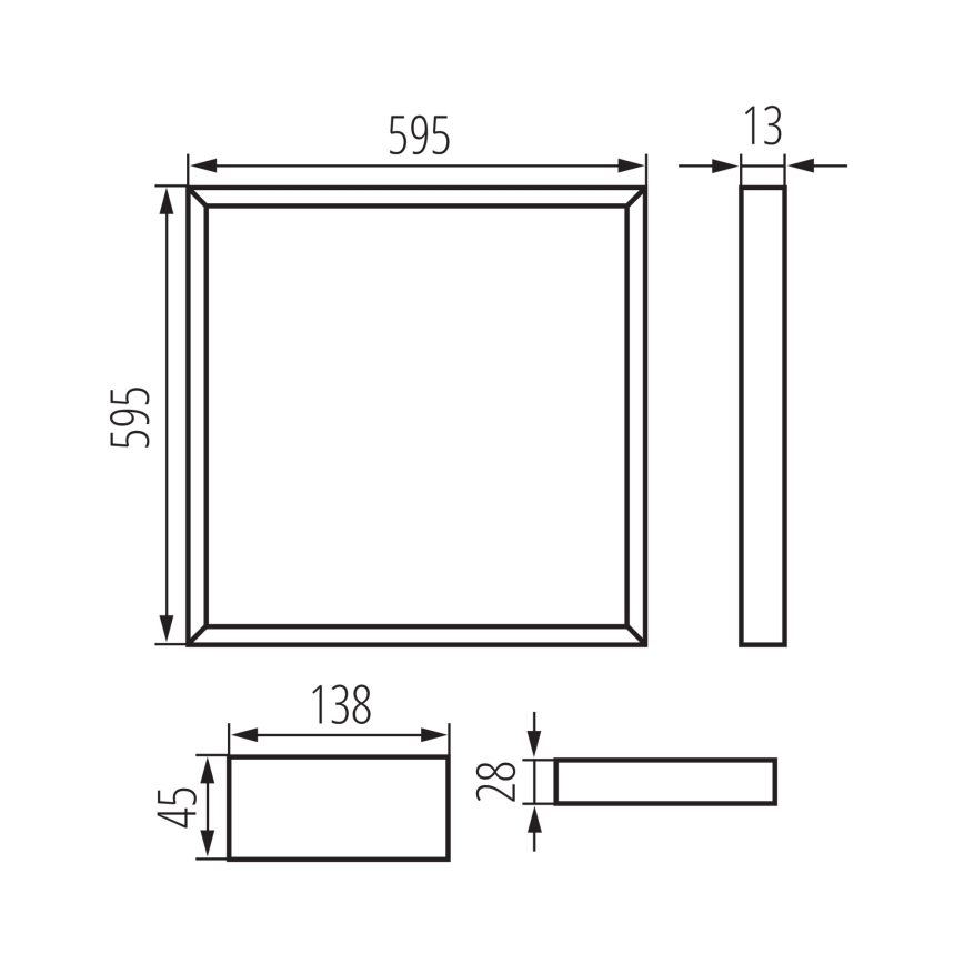Technický výkres zobrazuje rozmery štvorcového rámu: 595 x 595 x 138 mm. Súčasťou výkresu sú aj rozmery ďalších dvoch komponentov: 45 x 138 x 28 mm a 13 x 595 mm.