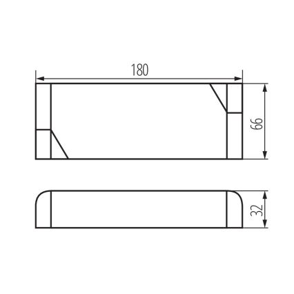 Technický výkres zobrazuje dva obdĺžnikové profily. Horný profil má rozmery 180 x 66 mm s vnútornou priečkou a šikmým výrezom. Dolný profil je zaoblený, s rozmermi zodpovedajúcimi šírke horného a výškou 32 mm.