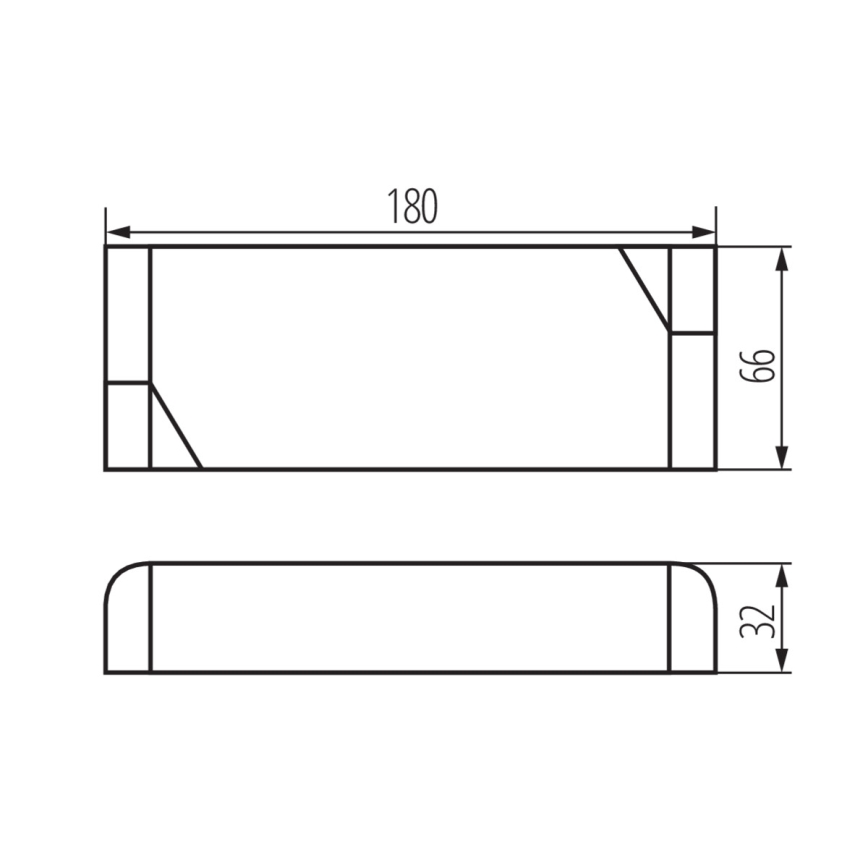 Technický výkres zobrazuje dva obdĺžnikové profily. Horný profil má rozmery 180 x 66 mm s vnútornou priečkou a šikmým výrezom. Dolný profil je zaoblený, s rozmermi zodpovedajúcimi šírke horného a výškou 32 mm.