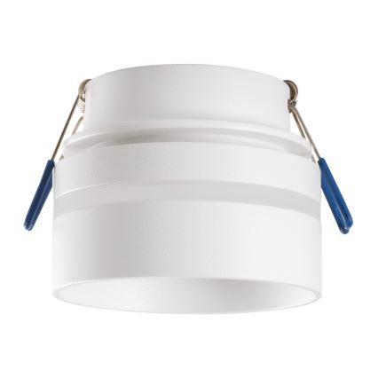 Biela nástenná lampa s dvoma pruhmi z priesvitného materiálu je pripevnená dvomi pružinovými svorkami s modrými koncovkami. Lampa je valcovitého tvaru.