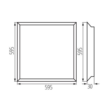 Náčrt štvorcového svietidla s rozmermi 595 x 595 x 30 mm. Je znázornený čelný a bočný pohľad s presnými rozmermi.