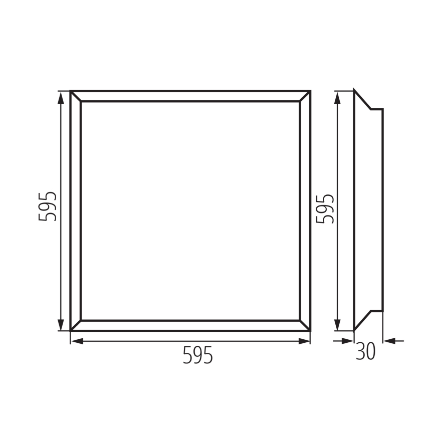 Náčrt štvorcového svietidla s rozmermi 595 x 595 x 30 mm. Je znázornený čelný a bočný pohľad s presnými rozmermi.