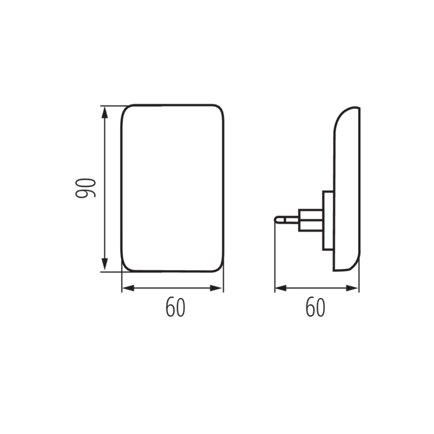 Technický výkres zobrazuje obdĺžnikový predmet s rozmermi 60x90 mm a bočný pohľad s montážnymi otvormi, tiež s rozmerom 60 mm. Predmet je pravdepodobne určený na montáž na stenu.