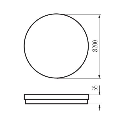 Kruhový predmet s priemerom 200 mm a výškou 5 mm je znázornený v čiernobielej technickej kresbe s rozmermi. Predmet má plochý okraj a je zobrazený zhora a zboku.